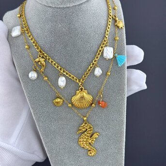 "Seahorse" Necklace, 18K Gold Plated Steel