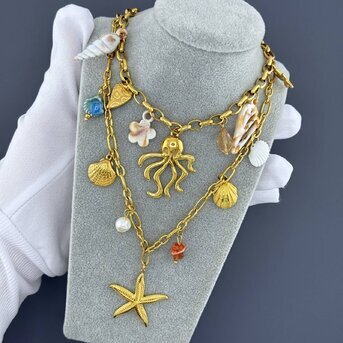 "Starfish And Seashell" Necklace, 18K Gold Plated Steel