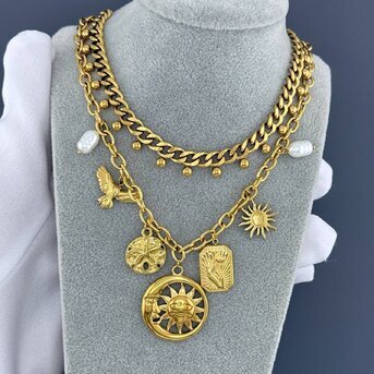 "Crescent And Sun" Necklace, 18K Gold Plated Steel