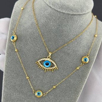 "Evil Eye" Necklace, 18K Gold Plated Steel