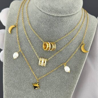 "Crescent And Star" Necklace, 18K Gold Plated Steel