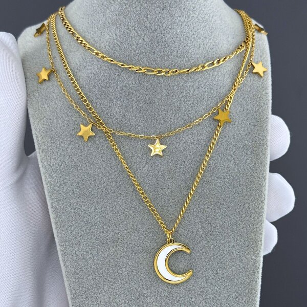"Crescent And Star" Necklace, 18K Gold Plated Steel