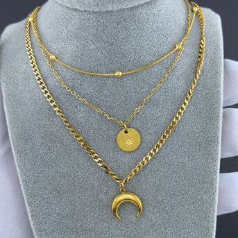 " Crescent And Star" Necklace, 18K Gold Plated Steel