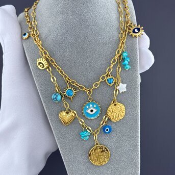 "Evil Eyes" Necklace, 18K Gold Plated Steel