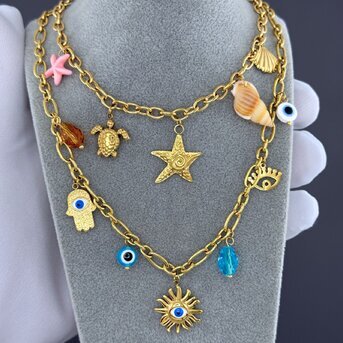 "Evil Eyes" Necklace, 18K Gold Plated Steel
