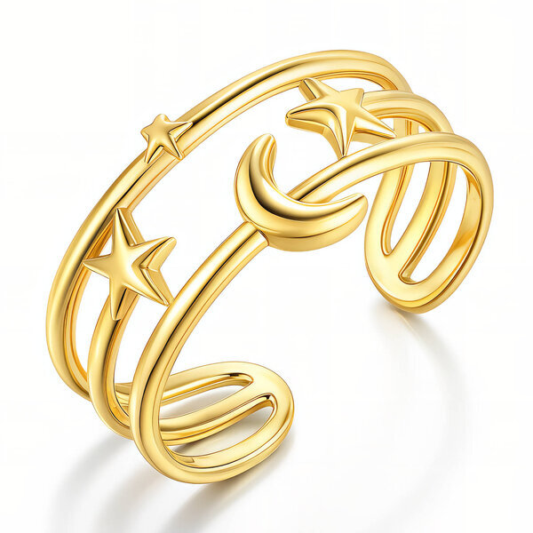 "Crescent and Star" Ring, 18K Gold Plated Steel