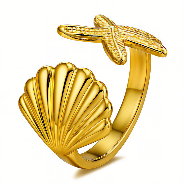 "Starfish And Seashell" Ring, 18K Gold Plated Steel