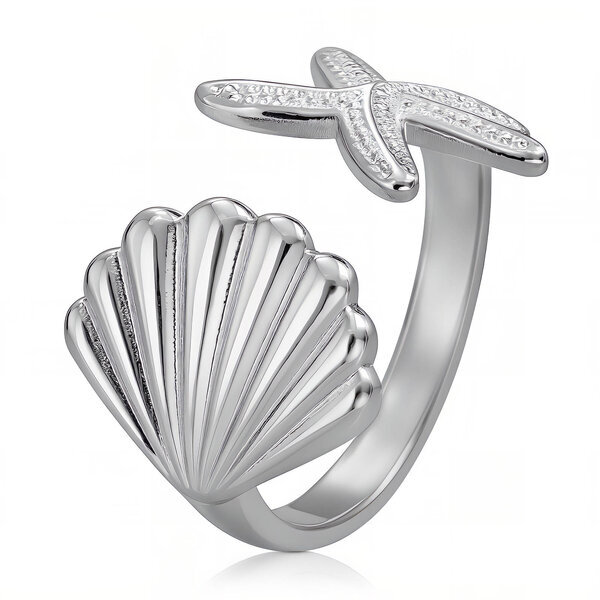 "Starfish And Seashell" Ring, Stainless Steel