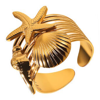 "Starfish and Seashell" Ring, 18K Gold Plated Steel