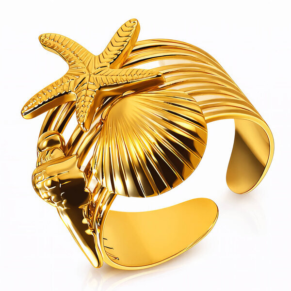 "Starfish and Seashell" Ring, 18K Gold Plated Steel
