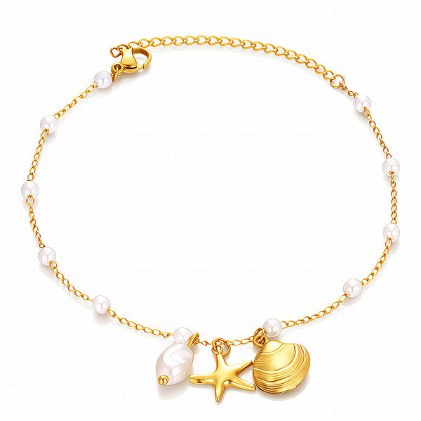 "Starfish And Seashell" Anklet, 18K Gold Plated Steel