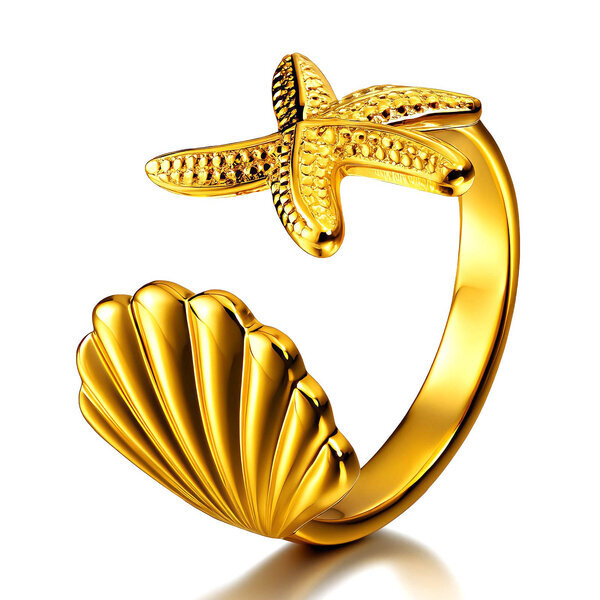 "Starfish and Seashell" Ring, 18K Gold Plated Steel