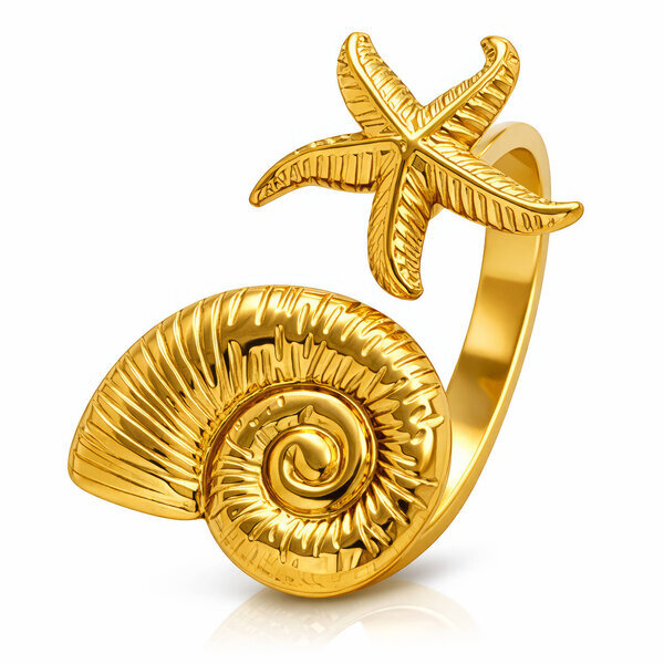 "Starfish And Seashell" Ring, 18K Gold Plated Steel