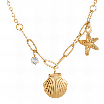 "Starfish and Seashell" Necklace, 18K Gold Plated Steel