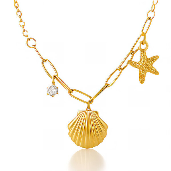 "Starfish and Seashell" Necklace, 18K Gold Plated Steel