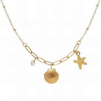 "Starfish and Seashell" Necklace, 18K Gold Plated Steel