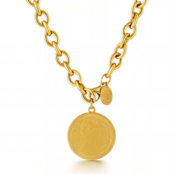 "Coin" Necklace, 18K Gold Plated Steel