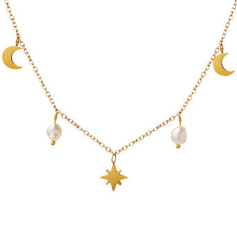 "Crescent And Star" Necklace, 18K Gold Plated Steel