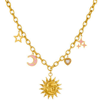 "Crescent And Sun" Necklace, 18K Gold Plated Steel