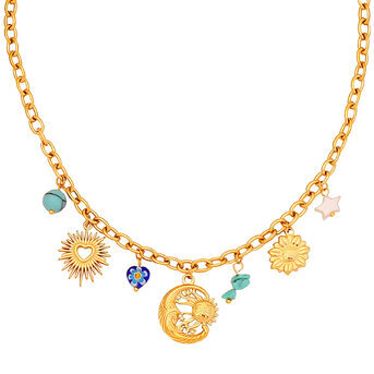 "Crescent And Sun" Necklace, 18K Gold Plated Steel