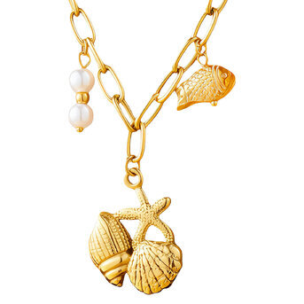 "Starfish And Seashell" Necklace, 18K Gold Plated Steel