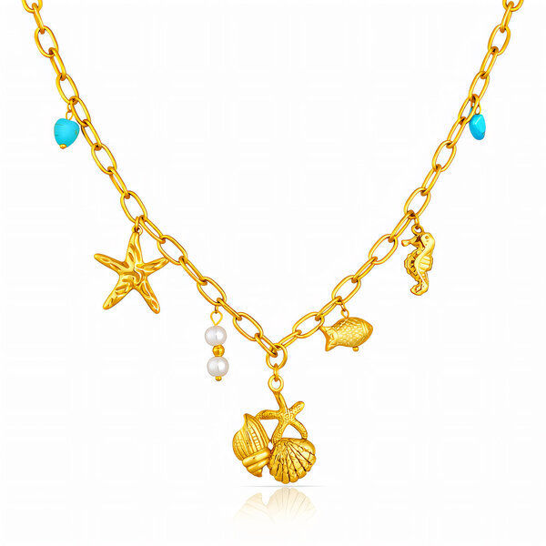 "Starfish And Seashell" Necklace, 18K Gold Plated Steel