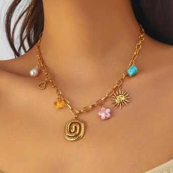"Flower" Necklace, 18K Gold Plated Steel