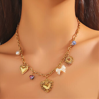"Hearts" Necklace, 18K Gold Plated Steel