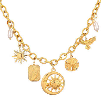 "Crescent And Sun" Necklace, 18K Gold Plated Steel