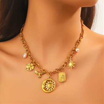 "Crescent And Sun" Necklace, 18K Gold Plated Steel