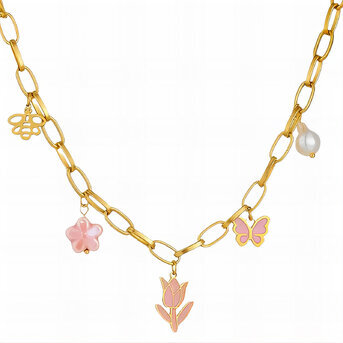 "Flowers" Necklace, 18K Gold Plated Steel