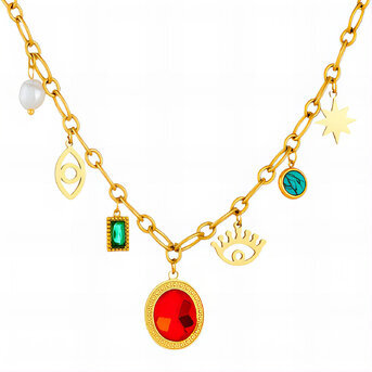 "Evil Eyes" Necklace, 18K Gold Plated Steel