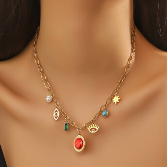 "Evil Eyes" Necklace, 18K Gold Plated Steel