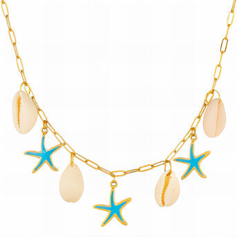 "Starfish And Seashell" Necklace, 18K Gold Plated Steel