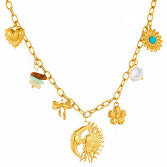 "Sun And Moon" Necklace, 18K Gold Plated Steel