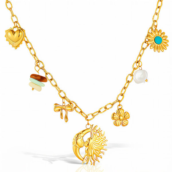 "Sun And Moon" Necklace, 18K Gold Plated Steel