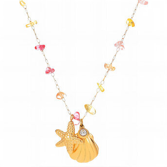"Starfish And Seashell" Necklace, 18K Gold Plated Steel
