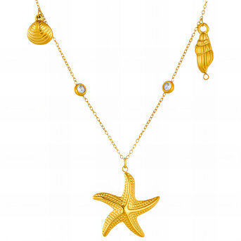 "Starfish And Seashell" Necklace, 18K Gold Plated Steel
