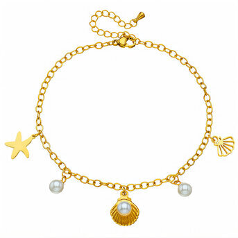 "Starfish And Seashell" Anklet, 18K Gold Plated Steel