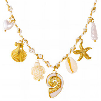 "Starfish and Seashell" Necklace, 18K Gold Plated Steel