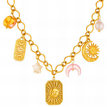 "Crescent And Sun" Necklace, 18K Gold Plated Steel