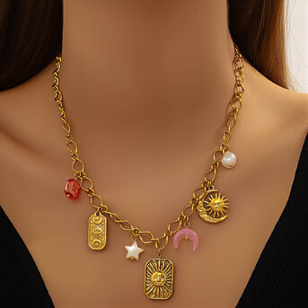 "Crescent And Sun" Necklace, 18K Gold Plated Steel
