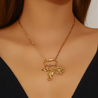 "Seahorse" Necklace, 18K Gold Plated Steel