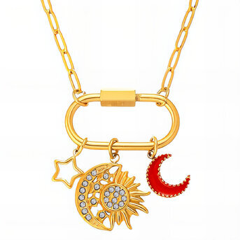 "Crescent And Sun" Necklace, 18K Gold Plated Steel
