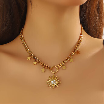 "Sun" Necklace, 18K Gold Plated Steel