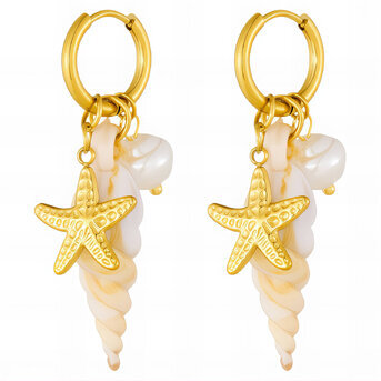 "Starfish And Seashell" Earrings, 18K Gold Plated Steel