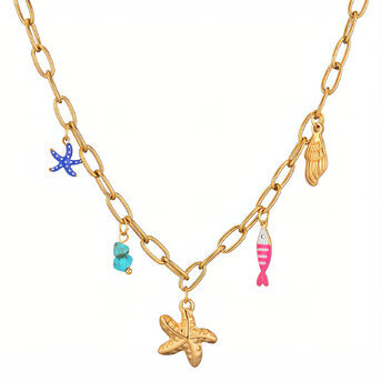 "Starfish and Seashell" Necklace, 18K Gold Plated Steel