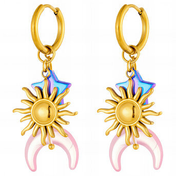 "Crescent And Sun" Earrings, 18K Gold Plated Steel