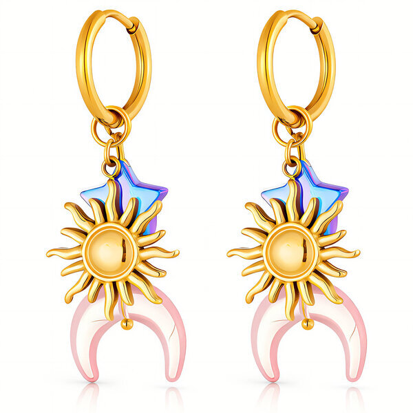 "Crescent And Sun" Earrings, 18K Gold Plated Steel