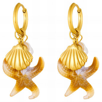 "Starfish And Seashell" Earrings, 18K Gold Plated Steel